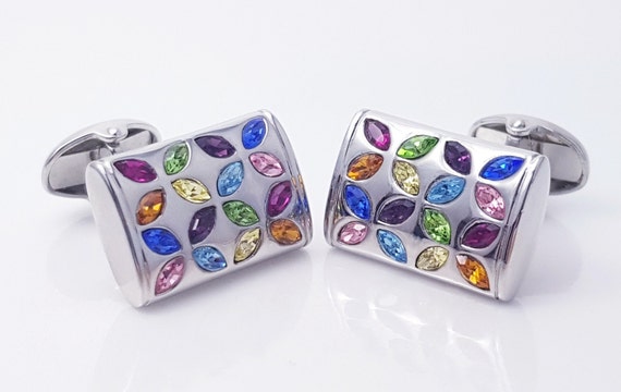 Elegant Multicolored Austrian Crystal Cufflinks - Rainbow Design, Handmade, Perfect for Weddings
