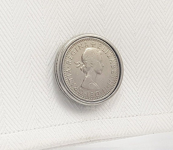 Queen Elizabeth the 2nd cufflinks, Sixpence Coin cufflinks, Genuine vintage British coin