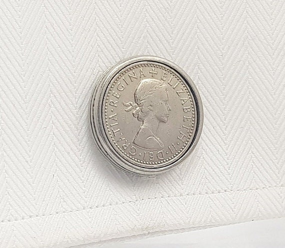 Vintage Queen Elizabeth II Sixpence Coin Cufflinks - Genuine British Currency Accessory for Weddings