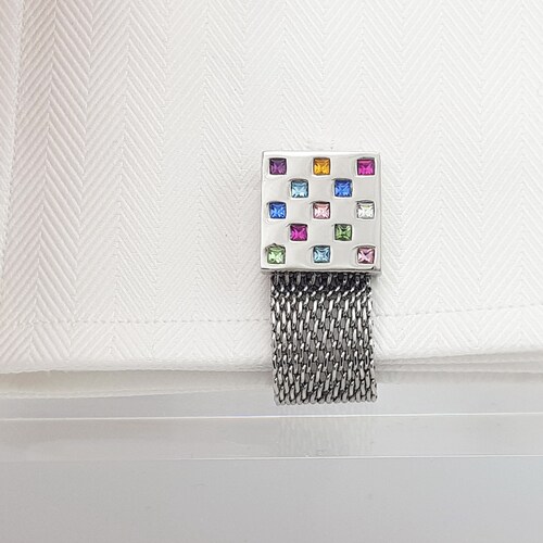 Men's shops cufflinks, Mesh cuff links, Multi-coloured crystal cufflinks, Gift for him
