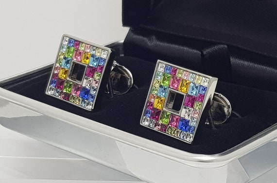 Men's Multi coloured square Cufflinks, Gift for him, contemporary crystal cufflinks. FREE SHIPPING.