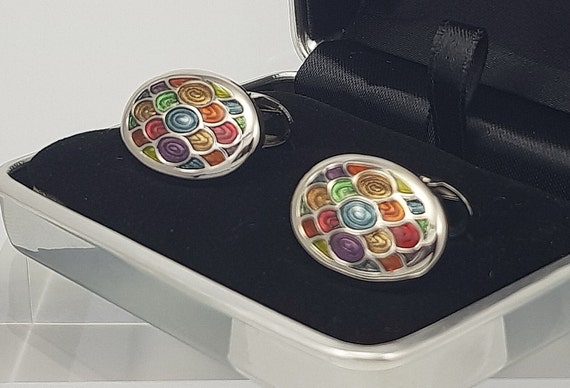 Men's Hand made Colourful Enamel Cufflinks, Vibrant enamel Oval Cufflinks. Gift for him, FREE DELIVERY!!