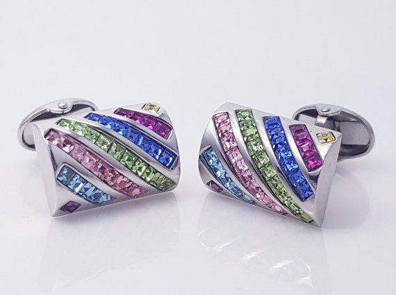 Multi coloured Vintage Art Deco cufflinks, Top quality Austrian crystal, Perfect wedding cufflinks, gift for him.