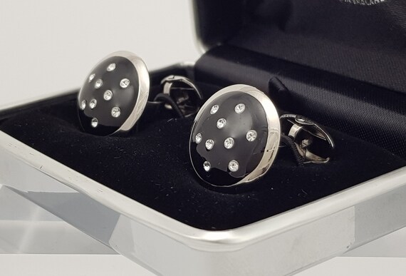 Elegant Hand-Painted Black Enamel Cufflinks with Austrian Crystal - Sophisticated Gift for Men