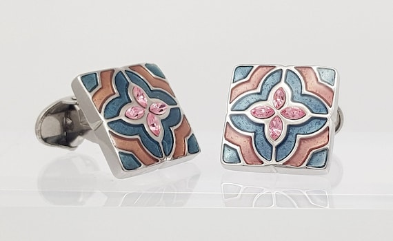 Contemporary hand made cufflinks, Beautiful rose Crystal and blue/pink enamel cufflinks