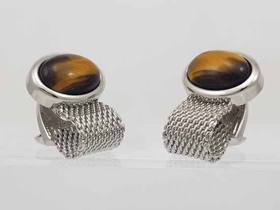 Men's Tiger eye cufflinks, With eye catching topaz crystal back catch, Chain wrap cufflinks, FREE DELIVERY!!