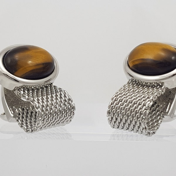 Men's Tiger eye cufflinks, With eye catching topaz crystal back catch, Chain wrap cufflinks, FREE DELIVERY!!