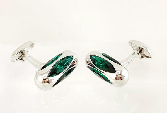 Emerald Navette crystal cufflinks, unique Austrian cut green Crystal, classy anniversary gift, UK Hand made cufflinks for him FREE SHIPPING!