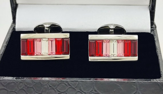 Exquisite hand made Ruby and Rose crystal cufflinks, Men's Silver Rhodium cufflinks, perfect wedding Gift for him. Free shipping!