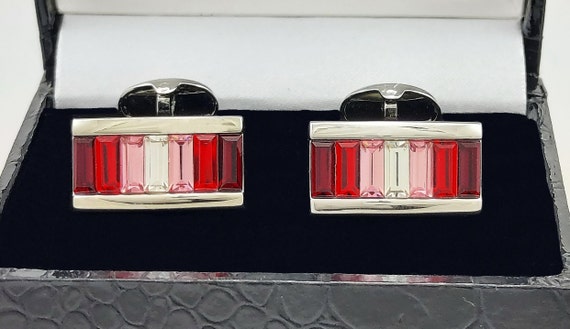 Handcrafted Ruby & Rose Crystal Silver Rhodium Cufflinks - Elegant Wedding Gift for Men