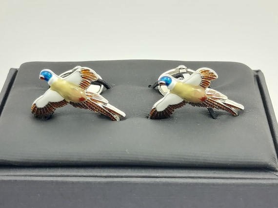Vintage Hand-Painted Enamel Pheasant Cufflinks from London - Elegant Mens Accessory