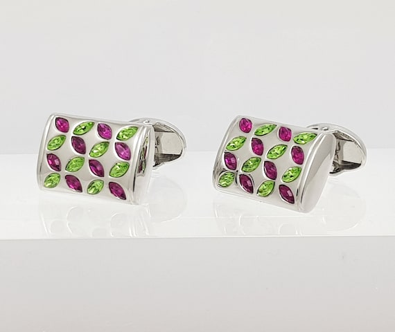 Peridot and Fuchsia crystal cufflinks, Men's or women's stunning crystal cuff links, gift for him.