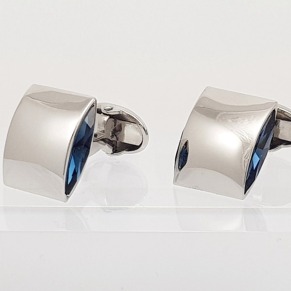 Sapphire Blue Crystal Cufflinks,  Vintage Stainless Steel Cufflinks ,Handmade Cufflinks, Free UK shipping!