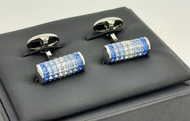 Men's Sapphire Crystal Cufflinks, Stunning Cylindrical Crystal cufflinks, light and dark tone Crystal Sapphires, gifs for him. FREE DELIVERY image 7