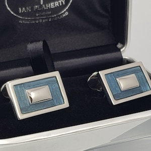 Handmade Light Blue Enamel Cufflinks | Rhodium-Plated | Made in England | Elegant Accessories