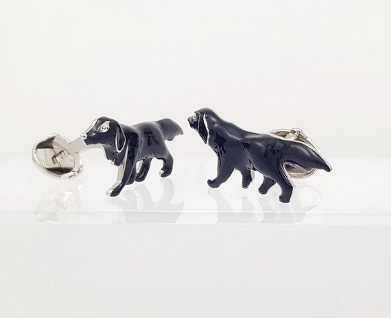 Elegant Black Enamel Working Dog Cufflinks - Hand-Painted Rhodium Accessories for Animal Lovers