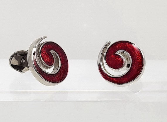 Vibrant Red Enamel Swirl Cufflinks: Handmade Accessories for Weddings, Groomsmen, and Formal Events