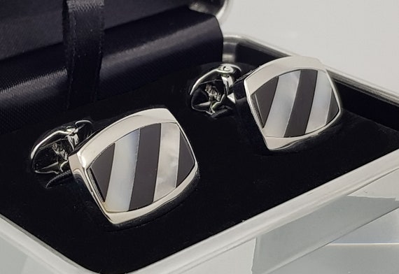 Elegant Art Deco Mother of Pearl and Onyx Cufflinks for Groom, Best Man, or Special Occasions