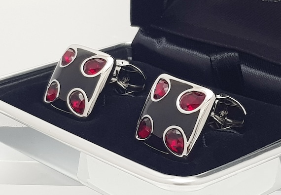 Exquisite 1970's Ruby crystal cufflinks with beautiful Black hand enamelled surface. FREE DELIVERY!!