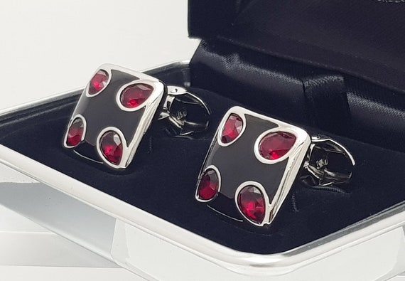 Vintage 1970s Ruby Crystal Cufflinks with Black Enamel: Elegant Formal Wear Accessory for Men