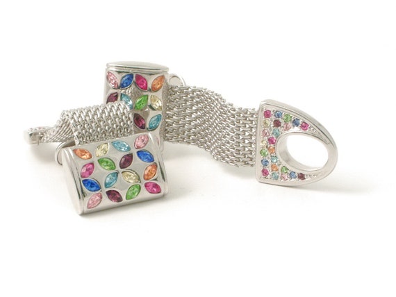 Vintage Wrap-Around Chain Cufflinks with Multicolored Austrian Crystals for Men