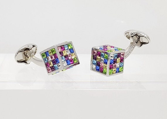 Men's Luxury hand made cufflinks, Perfect Gift for him, multi coloured Crystal cube cuff links