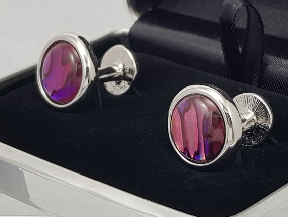 Men's Elegant Organic Silver Rhodium-Plated Abalone Shell Cufflinks - Double-Sided Natural Design