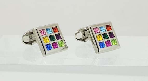 Men's Cufflinks, Square Rainbow cuff links, customisable by colour, Multi coloured crystal cufflinks,