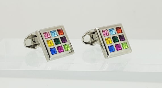 Customizable Square Rainbow Crystal Cufflinks for Men - Colorful Wedding Accessories