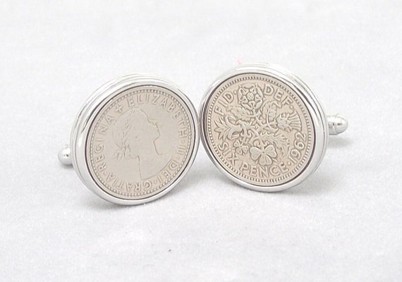 Queen Elizabeth the 2nd cufflinks, Sixpence Coin cufflinks, Vintage British coin, set HEADS AND TALES