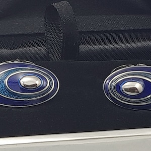 Handmade Blue Enamel Oval Cufflinks for Men - Elegant Birthday Gift from England with Free Delivery