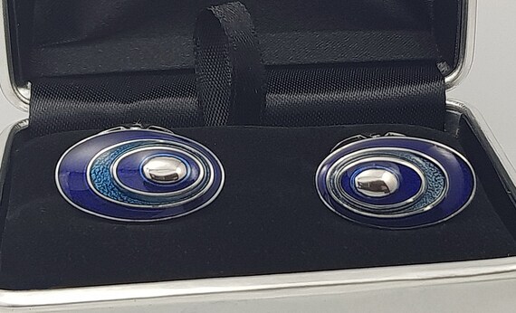 Handmade Blue Enamel Oval Cufflinks for Men - Elegant Birthday Gift from England with Free Delivery