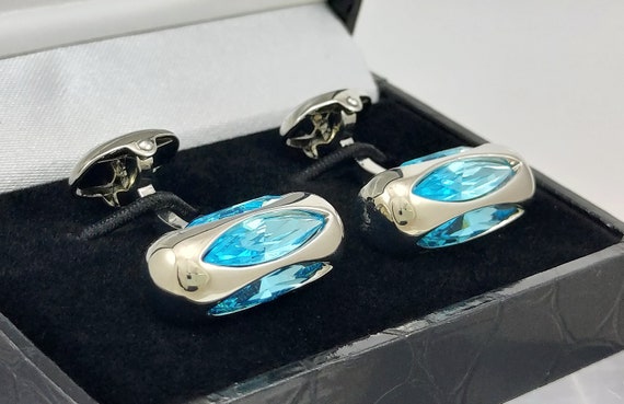 Aquamarine Crystal cufflinks, Genuine Luxury Austrian Crystal cufflinks, Hand made in England. FREE SHIPPING!