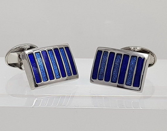 Elegant Blue Striped Enamel Cufflinks for Men - Wedding, Anniversary, Formal Wear Accessory