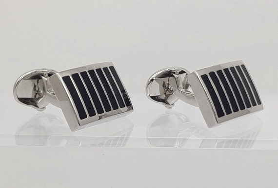 Elegant Hand-Painted Black Enamel Cufflinks - Designer Rhodium Accessories for Weddings and Formal Events