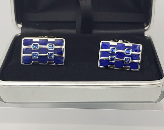 Vibrant Blue Enamel Cufflinks with Austrian cut Sapphire crystal. stunning cufflinks, blue cufflinks