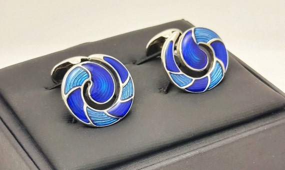 Men's Blue Enamel Cufflinks, Fabulous hand made Swirl cuff links, Gift for him