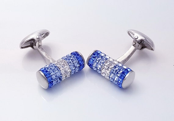 Men's Sapphire Crystal Cufflinks, Stunning Cylindrical Crystal cufflinks, light and dark tone Crystal Sapphires, gifs for him. FREE DELIVERY