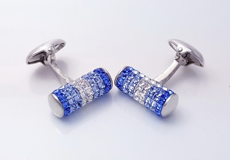 Men's Sapphire Crystal Cufflinks, Stunning Cylindrical Crystal cufflinks, light and dark tone Crystal Sapphires, gifs for him. FREE DELIVERY image 1