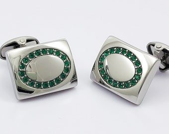 Flawless Emerald Crystal cufflinks, Men's hand made Stainless Steel cuff links, Gift for him. FREE Shipping!!