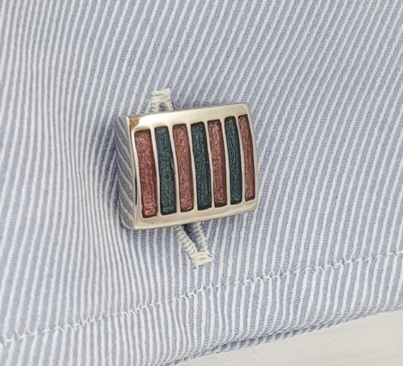 Beautiful enamel striped cufflinks for men or women, Two tone pink and sky blue striped Enamel cuff links