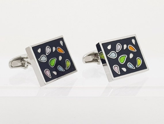 Multi coloured Enamel water drop cufflinks, Men's hand made finished Cufflinks