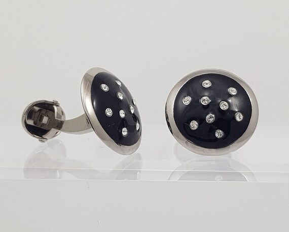 Hand-Painted Black Enamel Cufflinks with Austrian cut Crystal stars in a midnight sky - Sophisticated Gift for Men