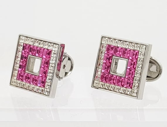 Men's Art Deco hand made Fuchsia and diamond crystal cufflinks, great cufflinks for a Wedding, Groomsman and Best man. + FREE SHIPPING!!