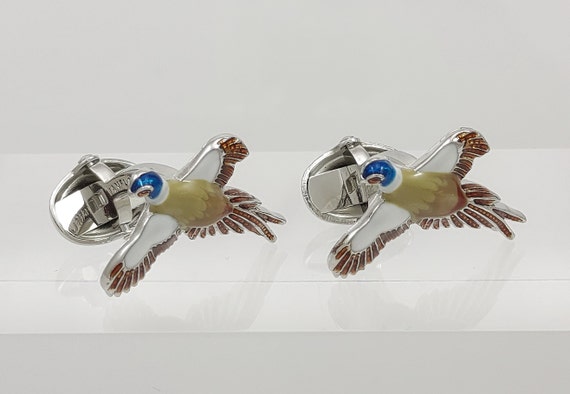 Vintage Hand-Painted Pheasant Enamel Cufflinks - Unique Game Bird Accessory for Men's Formal Attire