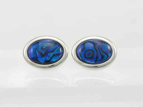 Organic Blue Abalone cufflinks, mens Oval cufflinks, hand made in England, Gift for him, Free shipping!