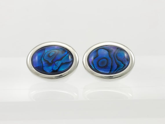 Handcrafted Organic Blue Abalone Oval Cufflinks - Elegant Men's Accessory, Made in England, Gift Idea