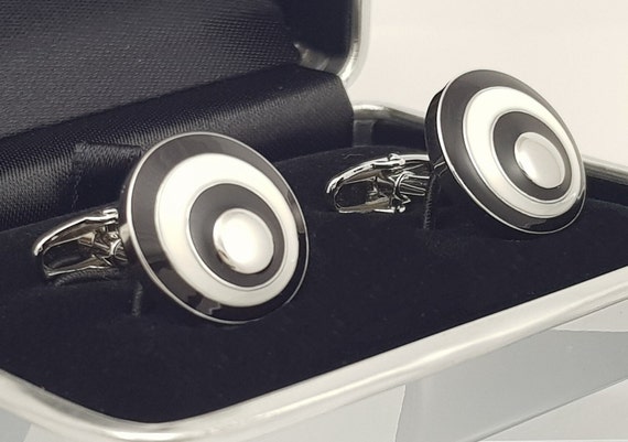 Men's hand enamelled cufflinks, Elegant black and white smart dress cufflinks, any occasion!