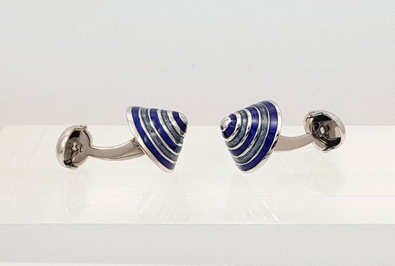 Unique vintage Cone design, tonal Blue enamel Cufflinks, unique gift for him, Silver Rhodium cuff links, FREE SHIPPING!!
