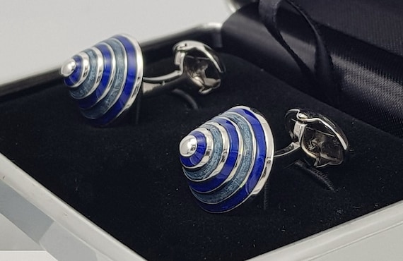 Men's Contemporary 3D Cone shaped tonal Blue enamel Cufflinks, unique gift for him, Silver Rhodium cufflinks, + FREE SHIPPING!!